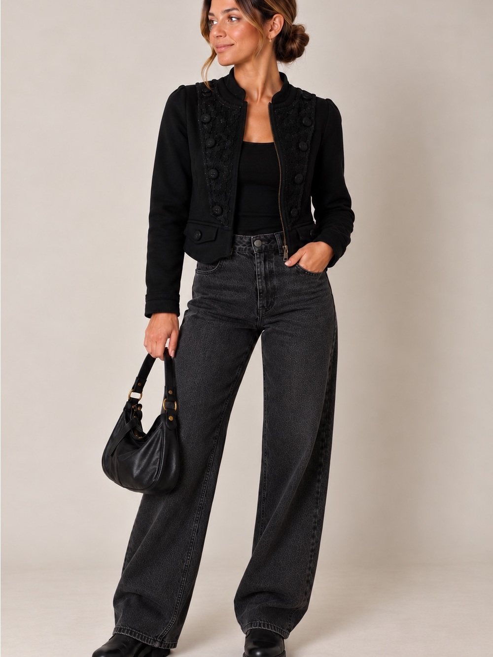 Black Cropped Jacket with Button Details